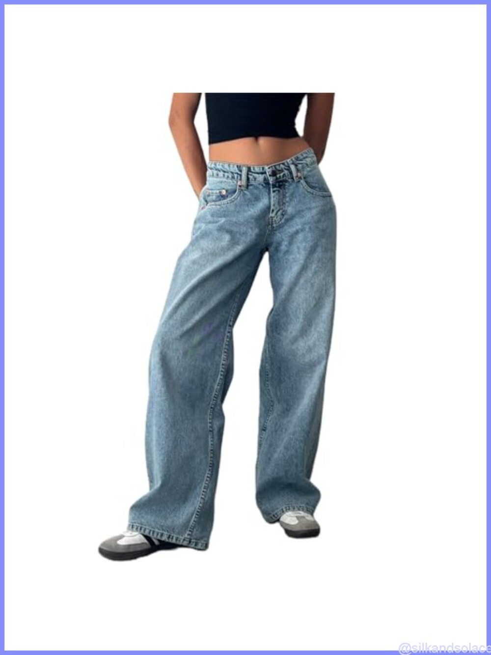 Women Low Rise Baggy Boyfriend Wide Leg Jeans Cotton Blend Stretch